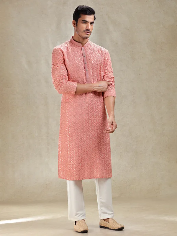 Peach effortless charm textured kurta pajama set