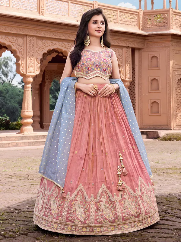 Peach embroidered festive lehenga choli with dupatta