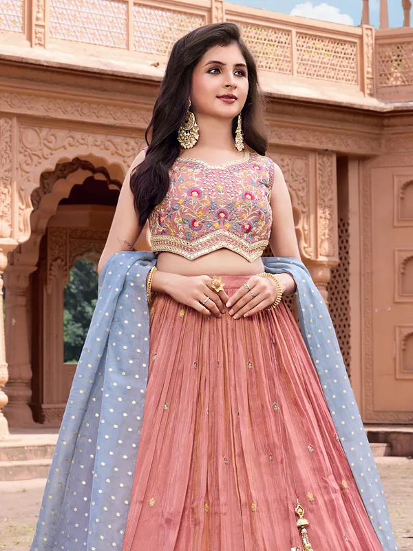 Peach embroidered festive lehenga choli with dupatta