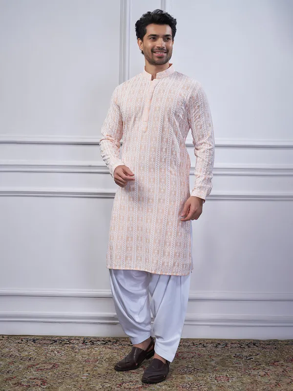 Peach embroidery cotton kurta suit for festive