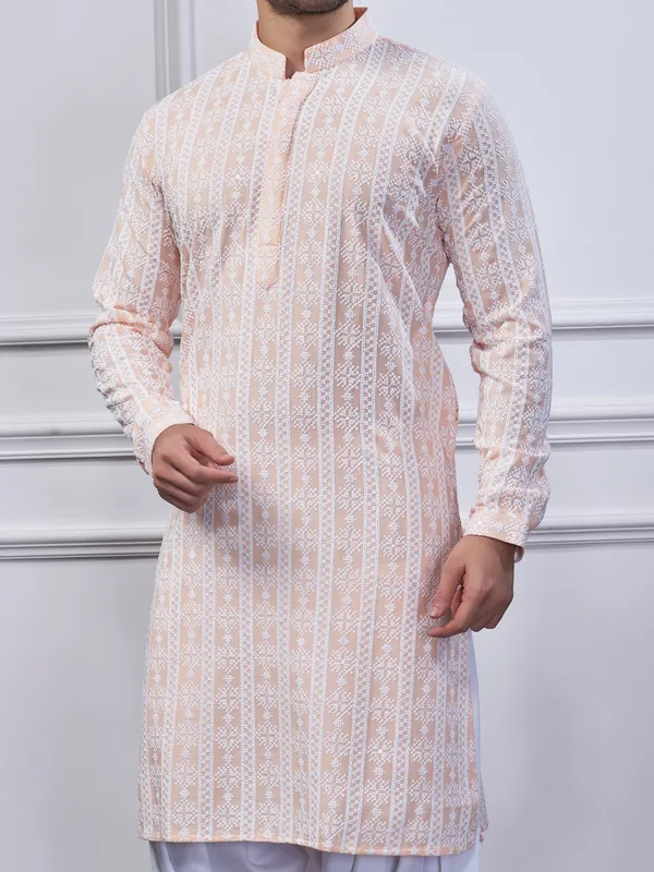 Peach embroidery cotton kurta suit for festive