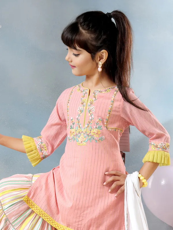 Peach embroidery sharara suit with dupatta
