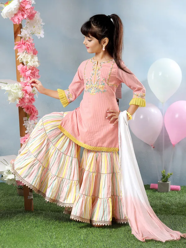 Peach embroidery sharara suit with dupatta