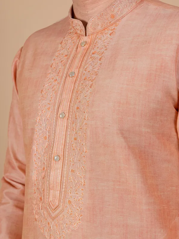 Peach festive  Men Kurta pajama in silk