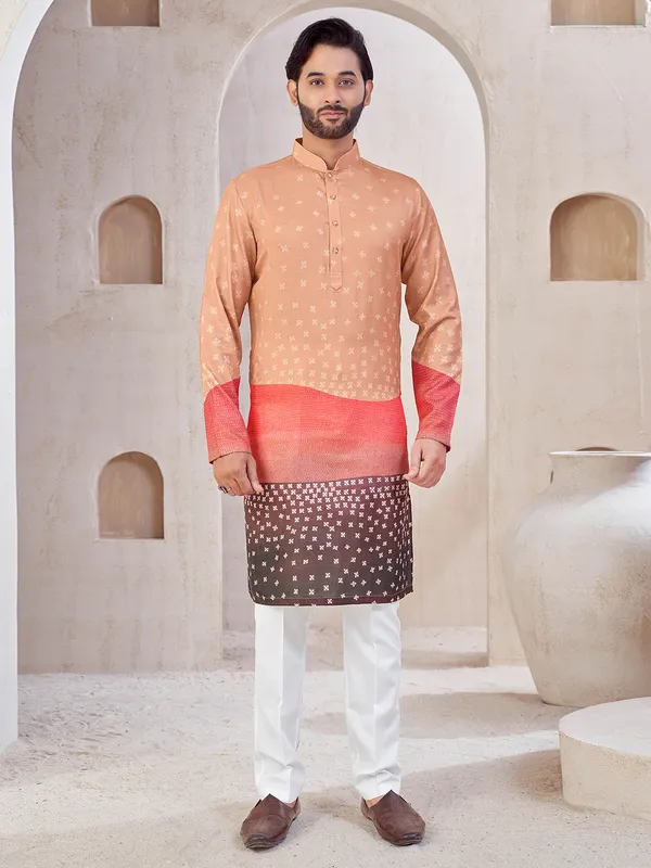 Peach festive wear cotton kurta suit with print