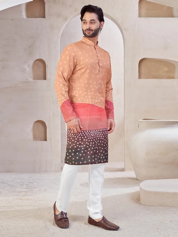 Peach festive wear cotton kurta suit with print