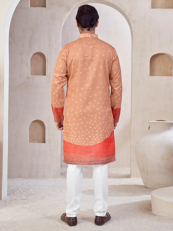 Peach festive wear cotton kurta suit with print