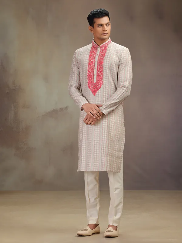Peach festive wear silk kurta pajam