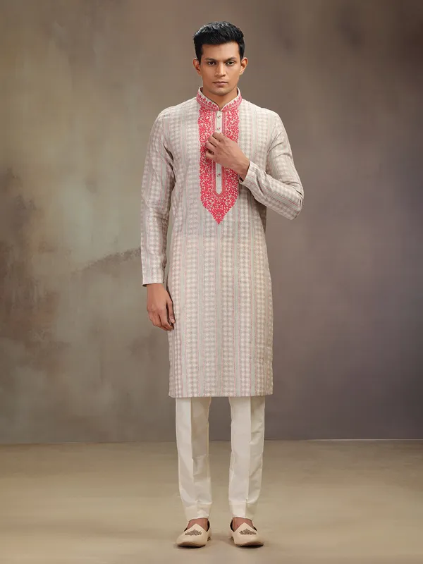 Peach festive wear silk kurta pajam