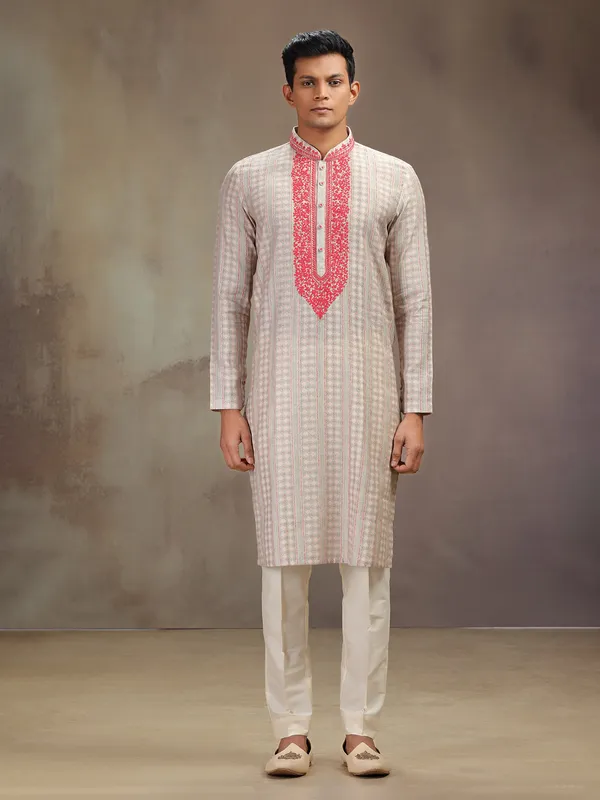 Peach festive wear silk kurta pajam