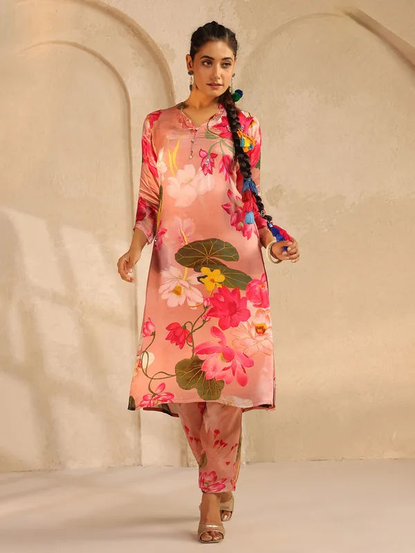 Peach festive wear silk kurti for women