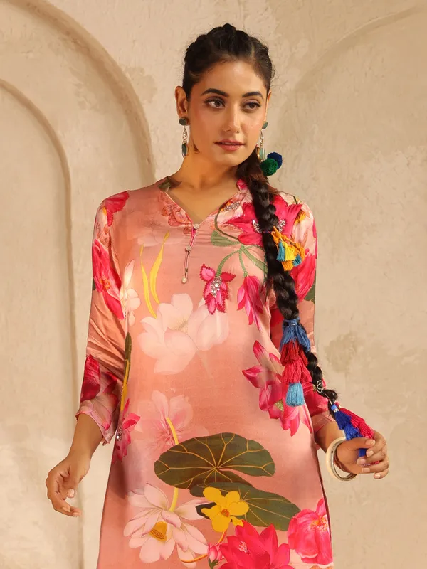 Peach festive wear silk kurti for women