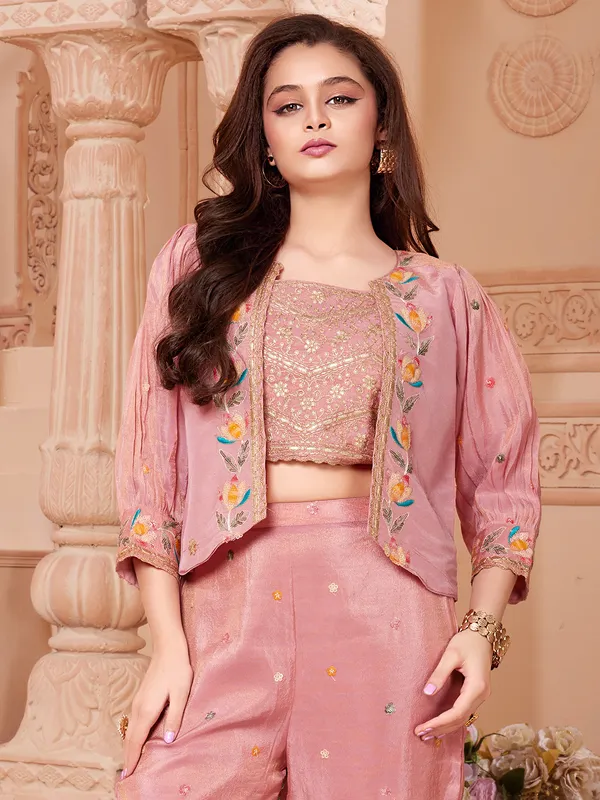 Peach festive wear silk palazzo suit for girls