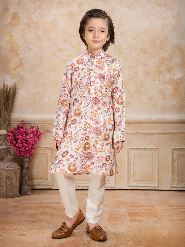 Peach floral printed cotton silk kurta suit