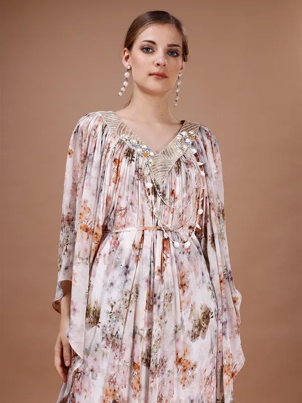 Peach floral printed kaftaan style gown