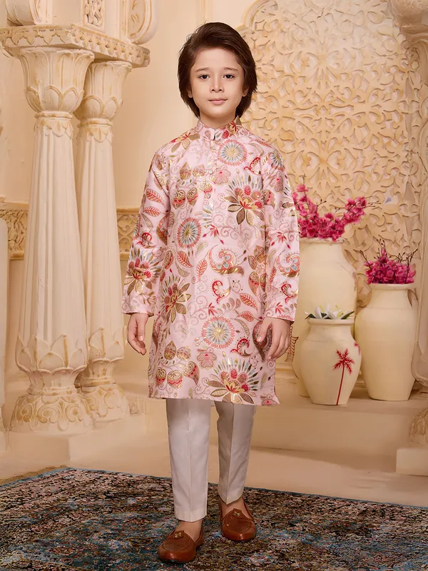 Peach floral printed silk boys kurta suit
