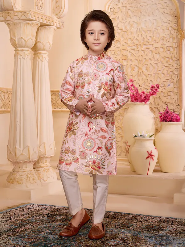 Peach floral printed silk boys kurta suit