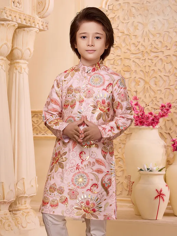Peach floral printed silk boys kurta suit