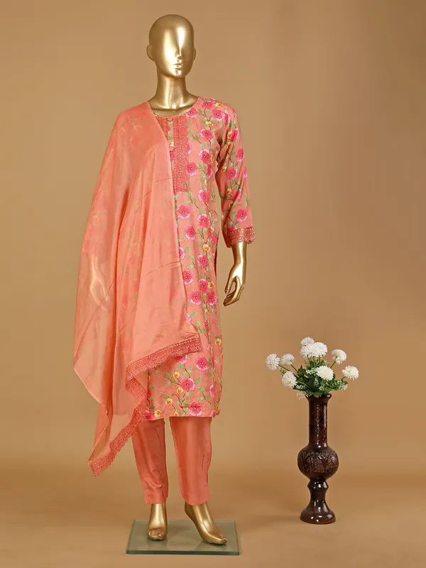 Peach floral printed silk pant set