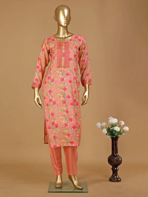 Peach floral printed silk pant set