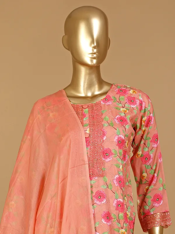 Peach floral printed silk pant set