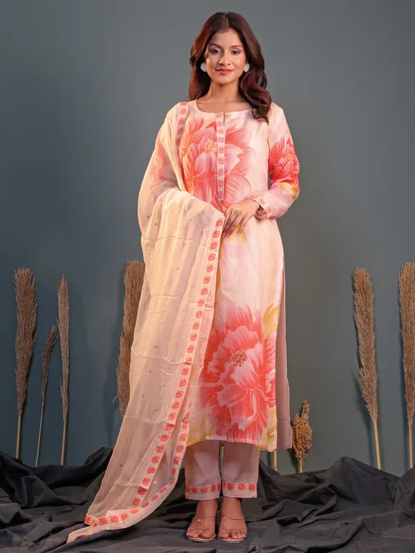 Peach floral printed silk salwar suit