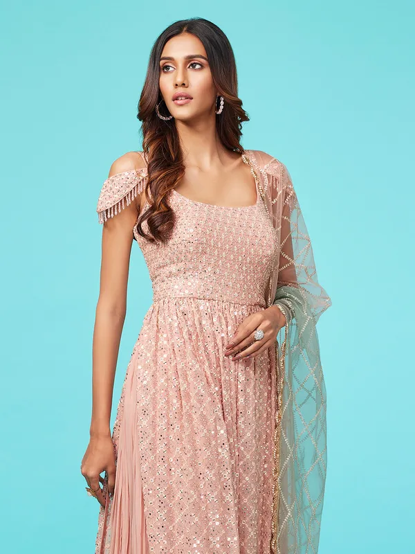 Peach georgette nyra cut palazzo suit