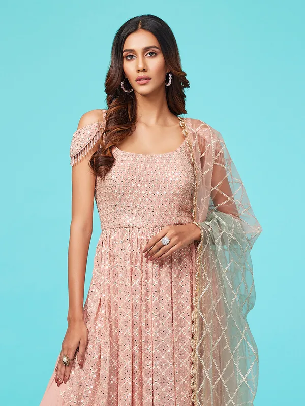Peach georgette nyra cut palazzo suit