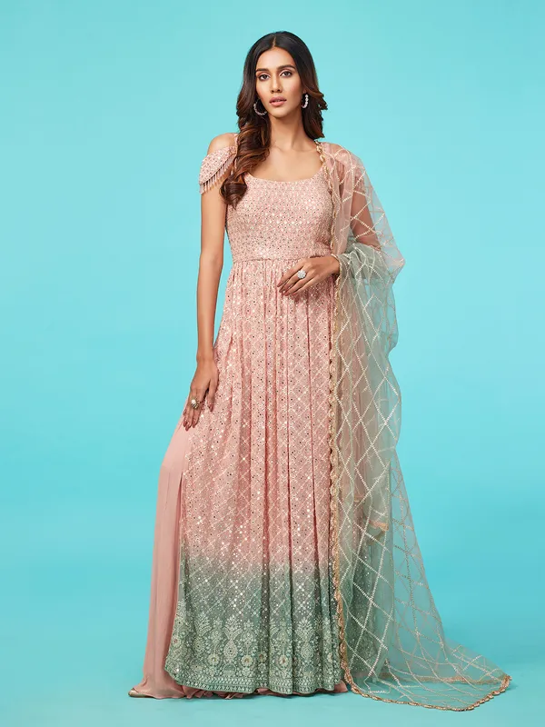 Peach georgette nyra cut palazzo suit