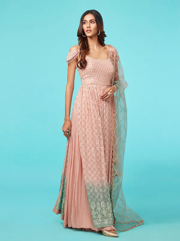 Peach georgette nyra cut palazzo suit