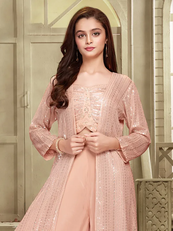 Peach georgette palazzo set with shrug