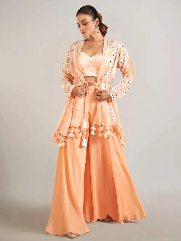 Peach georgette palazzo suit with jacket