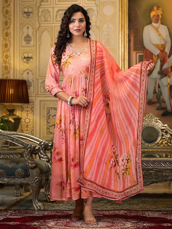Peach georgette printed kurti set