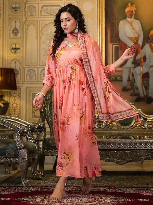 Peach georgette printed kurti set
