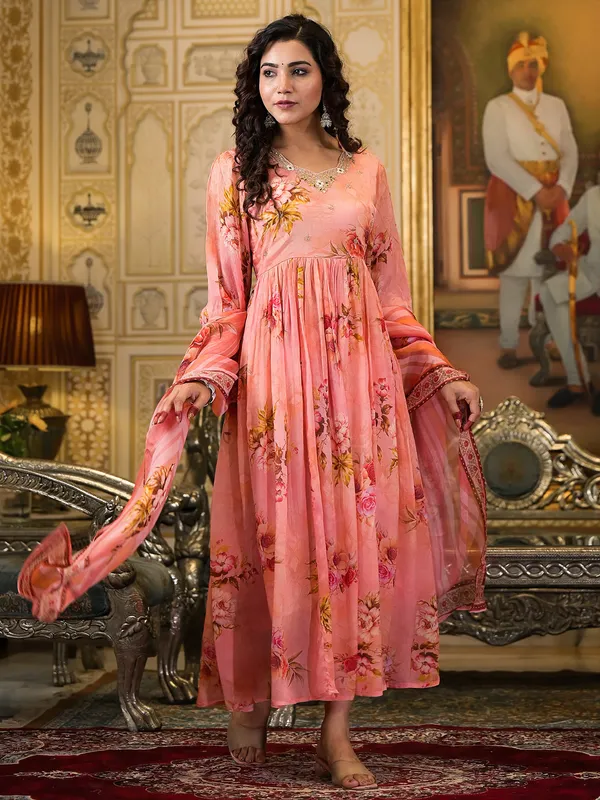 Peach georgette printed kurti set