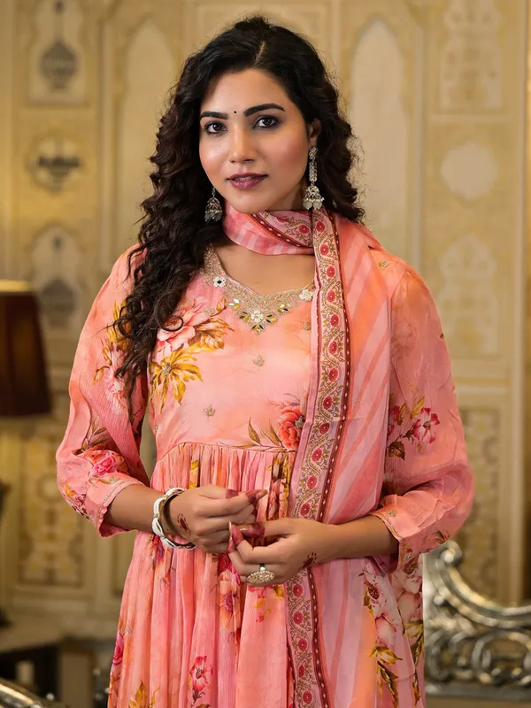 Peach georgette printed kurti set