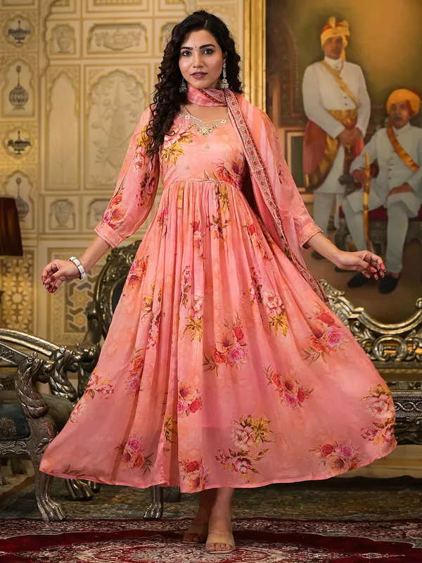 Peach georgette printed kurti set