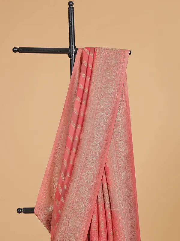 Peach georgette printed saree for wedding