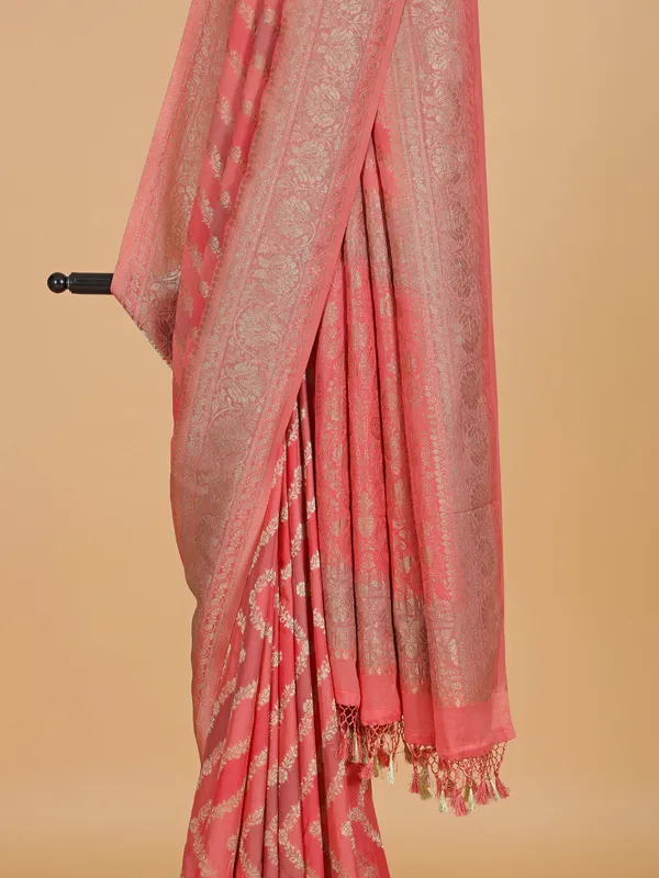 Peach georgette printed saree for wedding