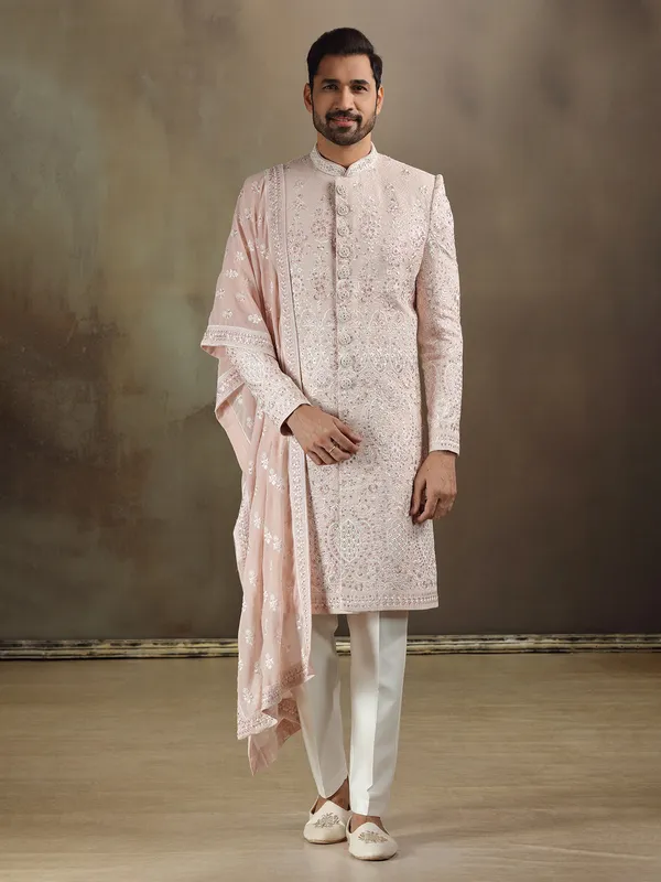 Peach georgette sherwani with dupatta and wedding wear