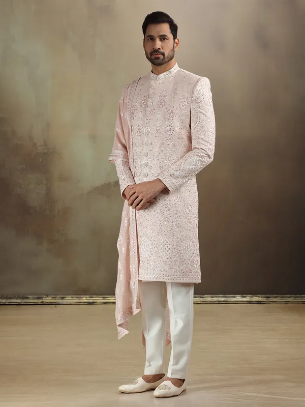 Peach georgette sherwani with dupatta and wedding wear