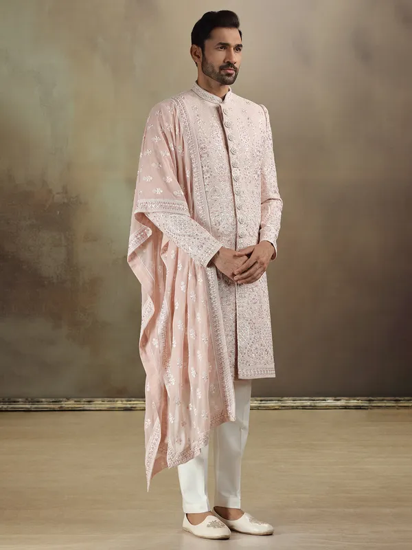 Peach georgette sherwani with dupatta and wedding wear