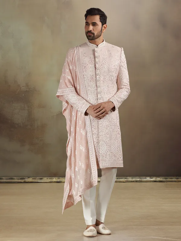Peach georgette sherwani with dupatta and wedding wear
