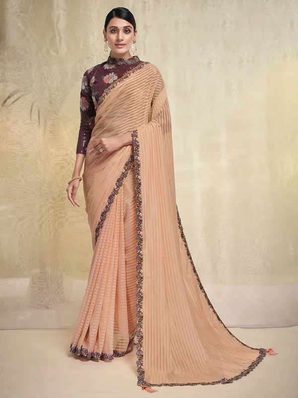 Peach georgette stripe saree