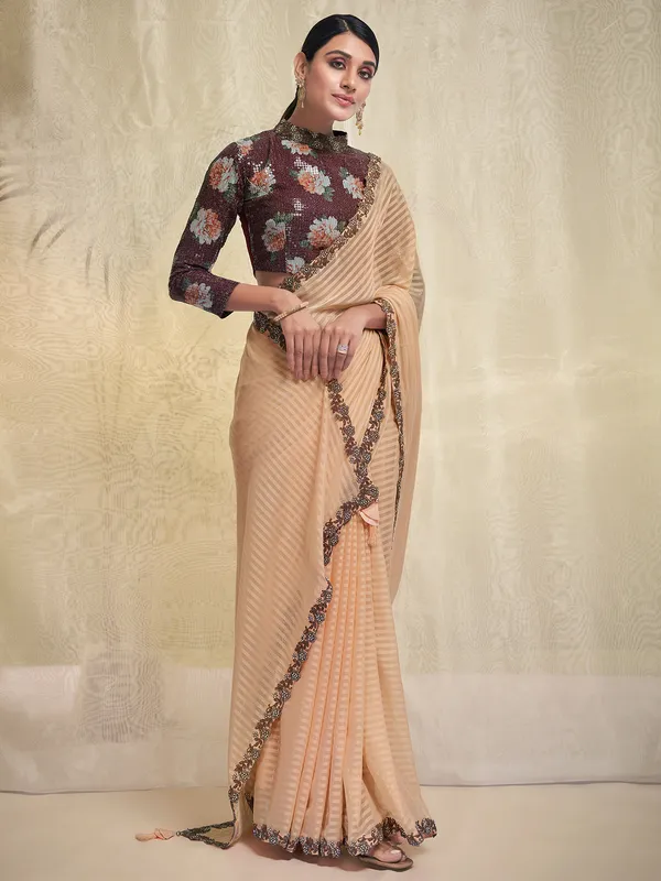 Peach georgette stripe saree