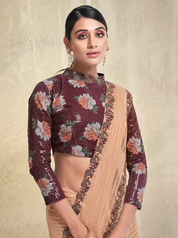 Peach georgette stripe saree