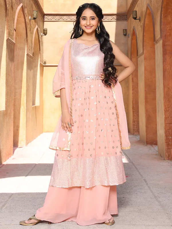 Peach georgette wedding look palazzo set