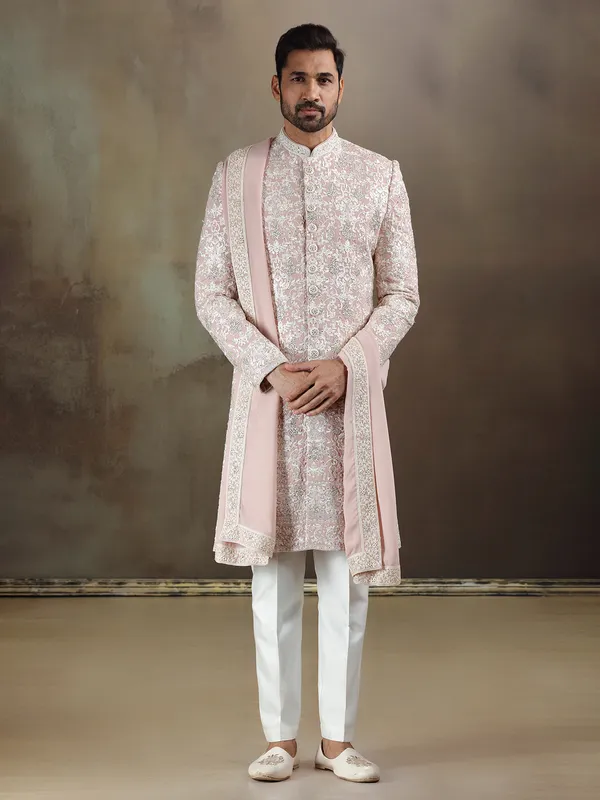 Peach georgette wedding wear sherwani with dupatta