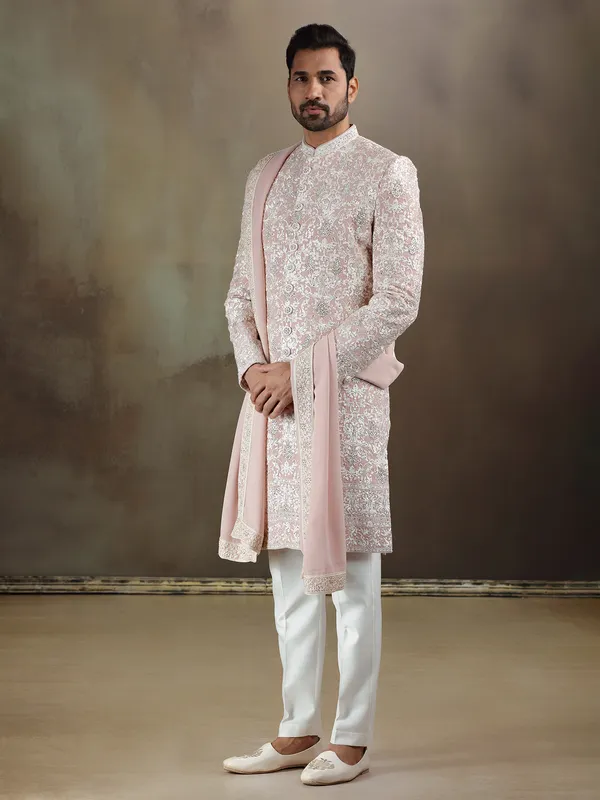 Peach georgette wedding wear sherwani with dupatta