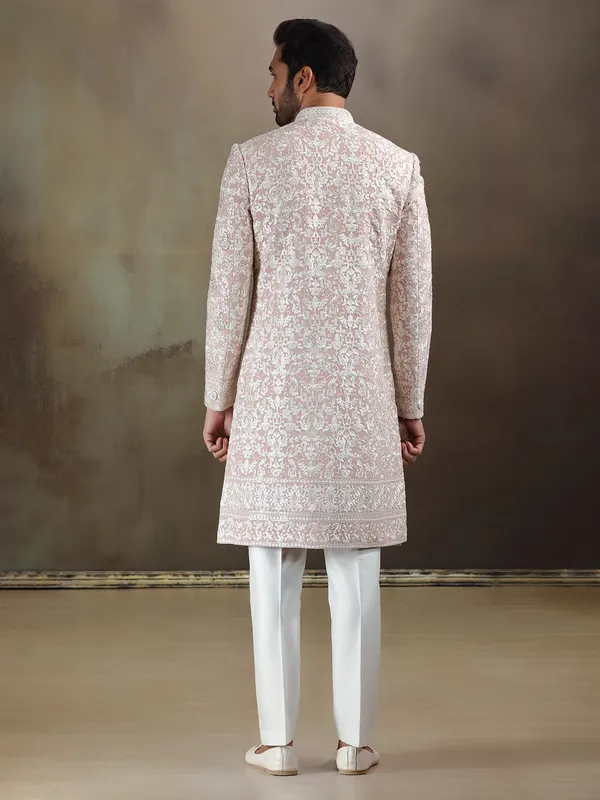 Peach georgette wedding wear sherwani with dupatta